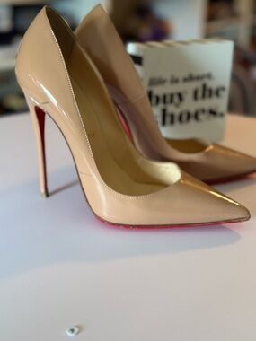 Christian Louboutin Nude Patent Pointed Toe Stiletto Heels with Red Sole